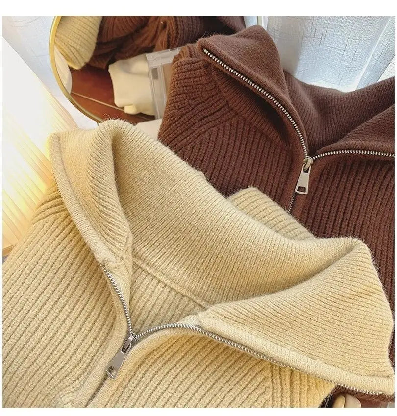 2024 Autumn New Korean Style Versatile Basics Half-zipper Loose Lapel Winter Long-sleeved Lazy Sweater Pullover Top