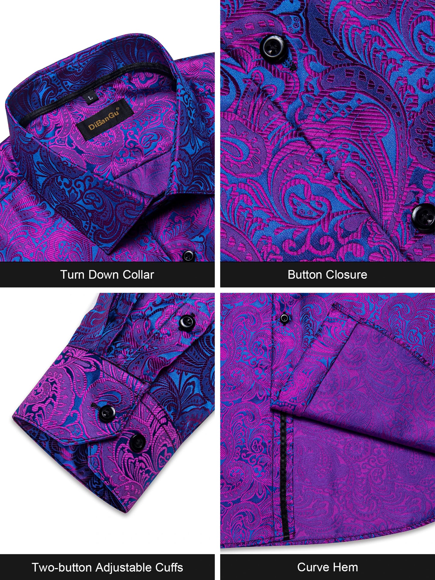 Luxury Purple Paisley Polyester Shirts for Men Long Sleeve Wedding Prom Men Clothing Button Down Collar Social Dress Shirt