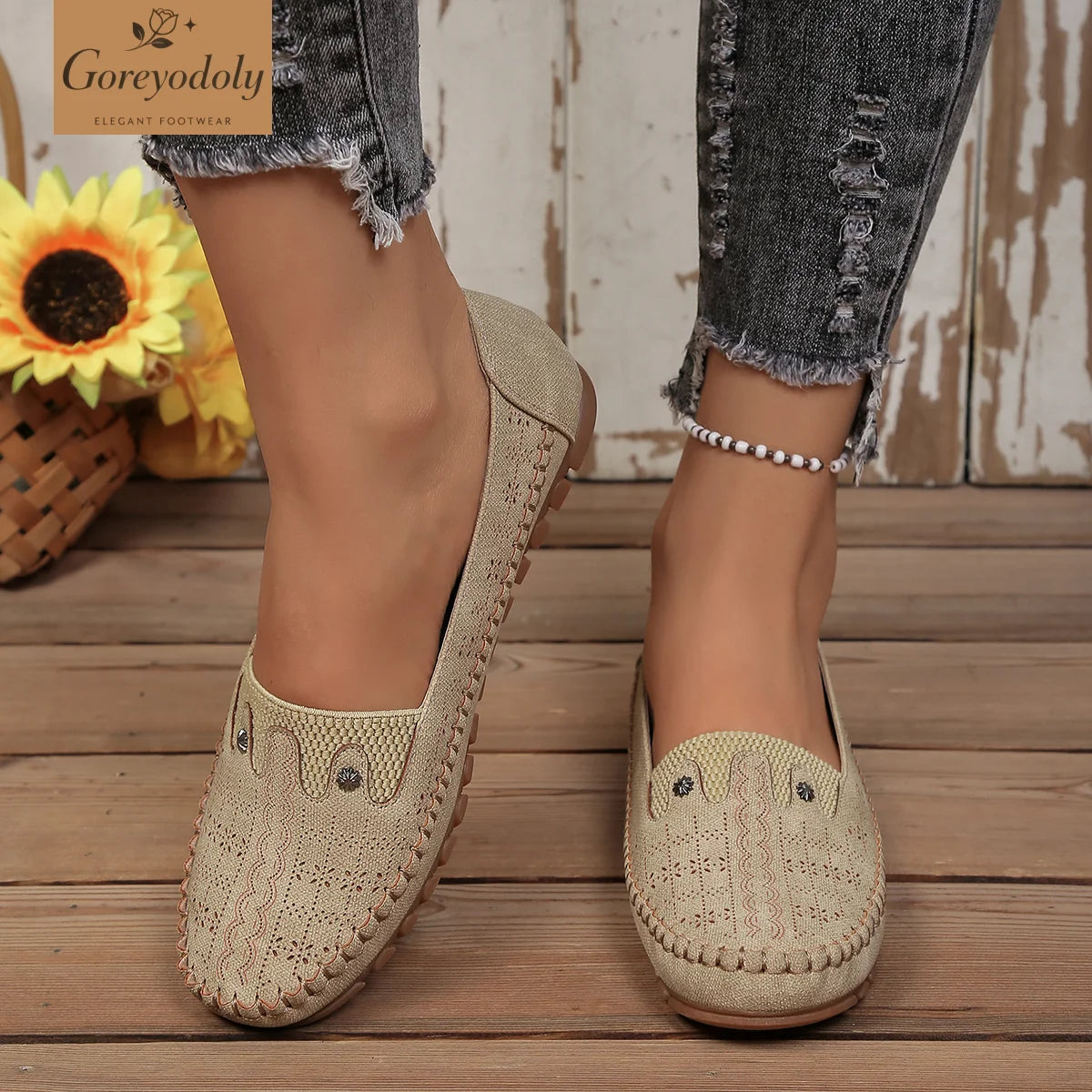 goreyodoly women loafers hollow floral design patchwork slip on flats breathable lightweight casual walking shoes soft non slip