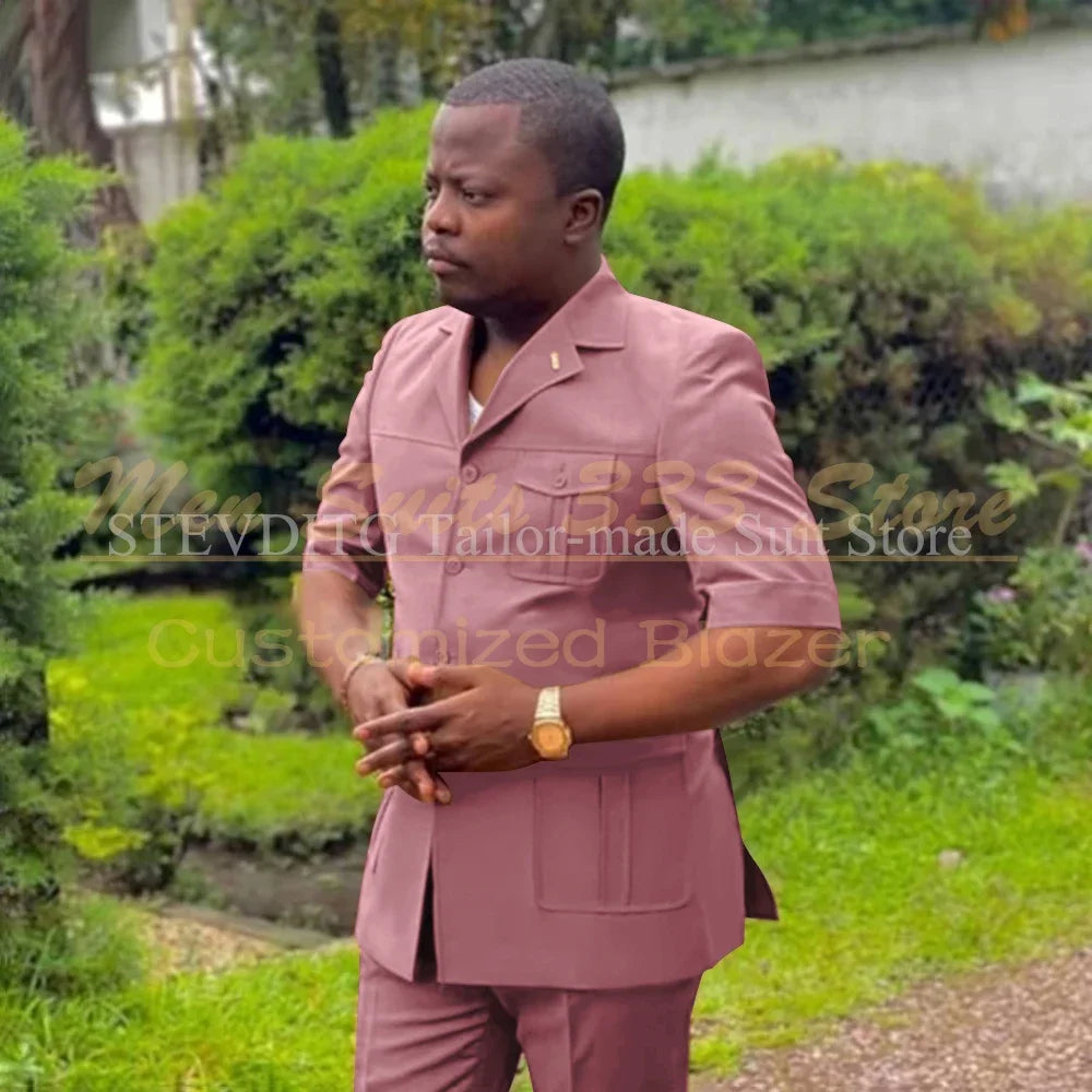 Safari Men Suits with Short Sleeve 2 Pieces Single Breasted Stand Notch Lapel African Fashion Style Set Jacket Pants