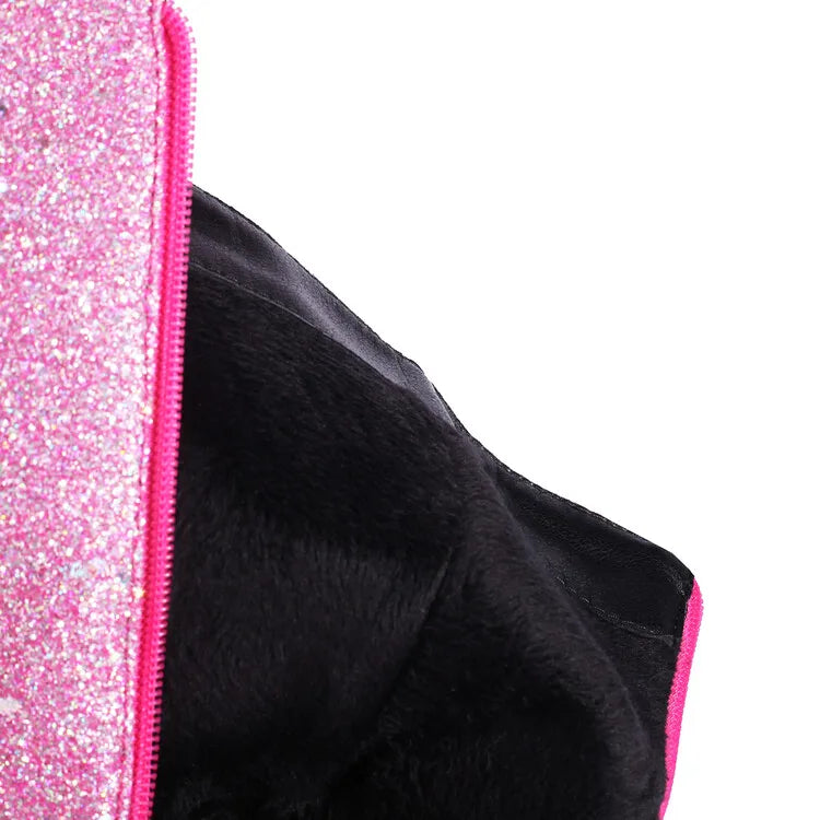 Ochanmeb Women Gold Sequins Boots Platforms Super High Chunky Heels Pink Mid-Calf Boots Gothic Zipper Woman Silver Glitter Shoes