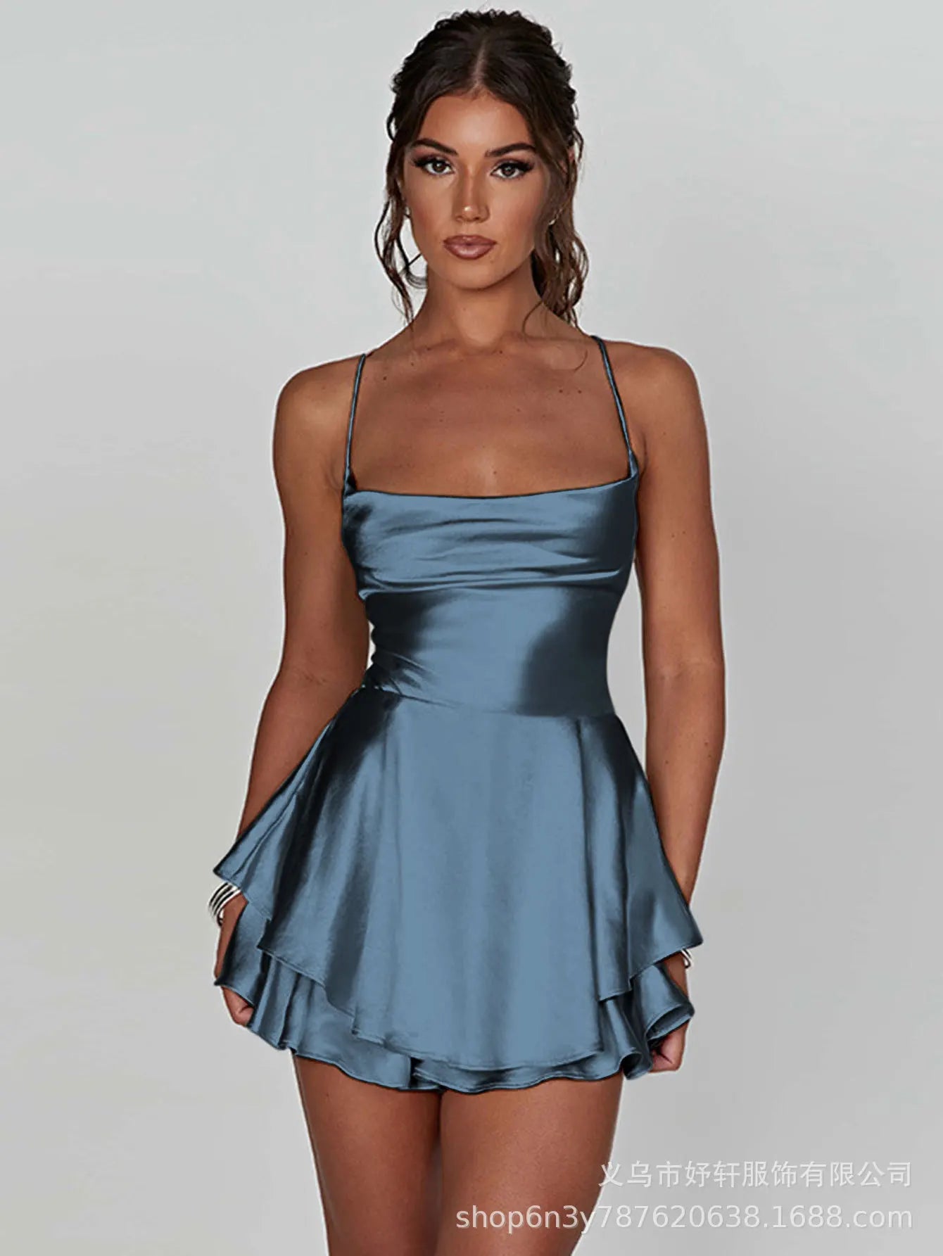 Sexy Dress Mini vestidos Elegant Bodycon Spaghetti Strap solid Color Leace-up Fashion Simple Style Banquet Backless Ruffles Slim