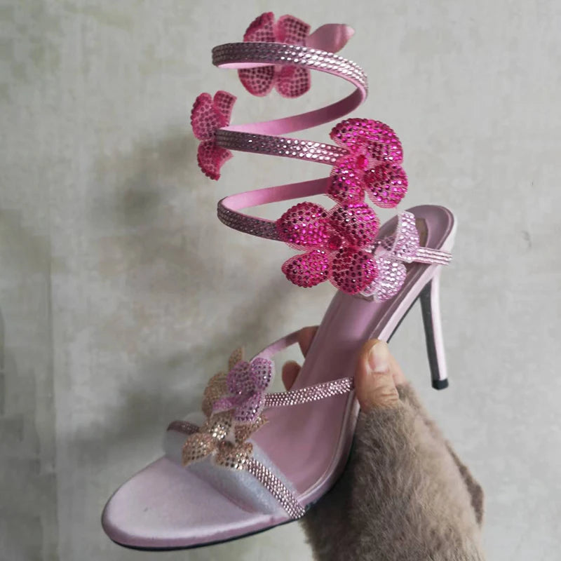 Aneikeh Sexy CRYSTAL Flower Narrow Band Ankle Strap Sandals Woman Thin High Heels Street Style  Pole Dancing Ladies Shoes