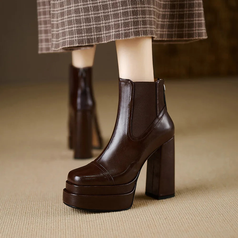 Aucegi Women Genuine Leather Back Zipper Ankle Boots Fashion Square Toe Platform Thick High Heels Party All Match Casual Shoes