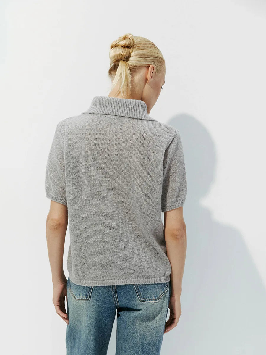 Bronladies Women's Polo Hollow Knitted Short Sleeved Sweater Spring Summer Bubble Sleeve T-shirt Female Simple Knitted Sweater
