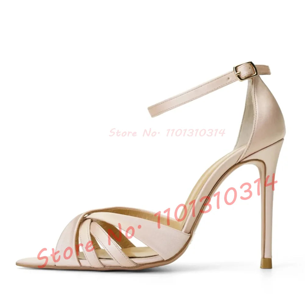 Nude Cross Strap High Heels Sandals Ladies Trendy Open Pointy Toe Classy White Satin Sandal Women Dress Ankle Strap Casual Shoes