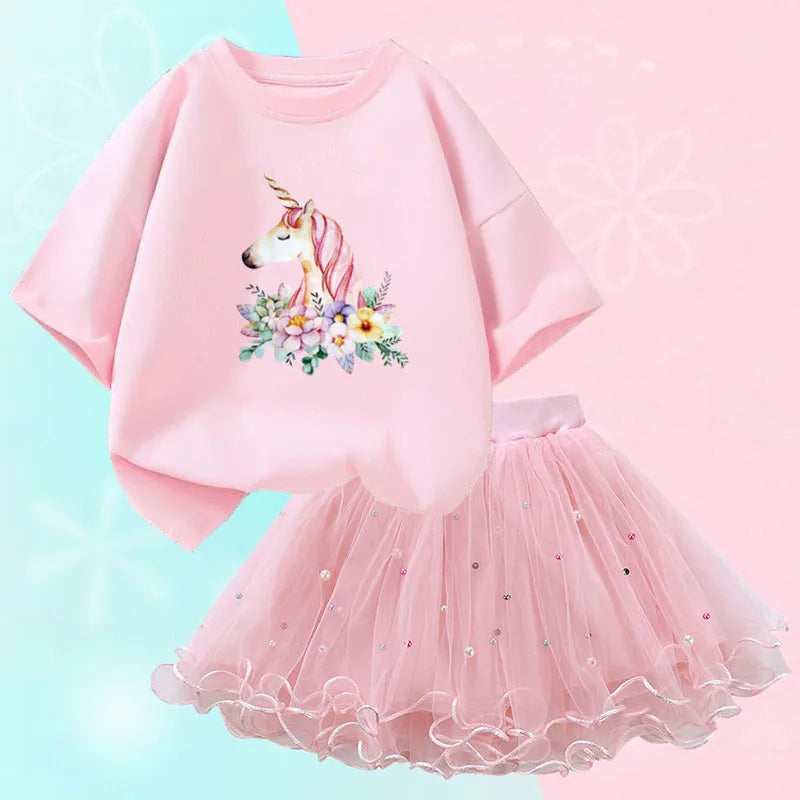 Dresses For Girl Summer Fashion Wear Outfit Kids T-Shirt Suit Unicorn Party Baby Costumes For Children Tulle Tutu Skirt Clothing