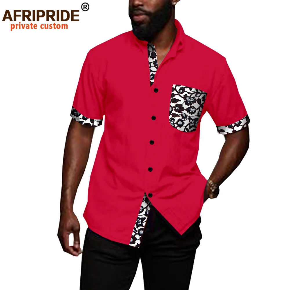 African Shirts for Men Denim Thin Shirt Short Sleeve Pockets Slim Slight Elastic Jeans Cowboy Shirt Clothing Crop Top A2012006