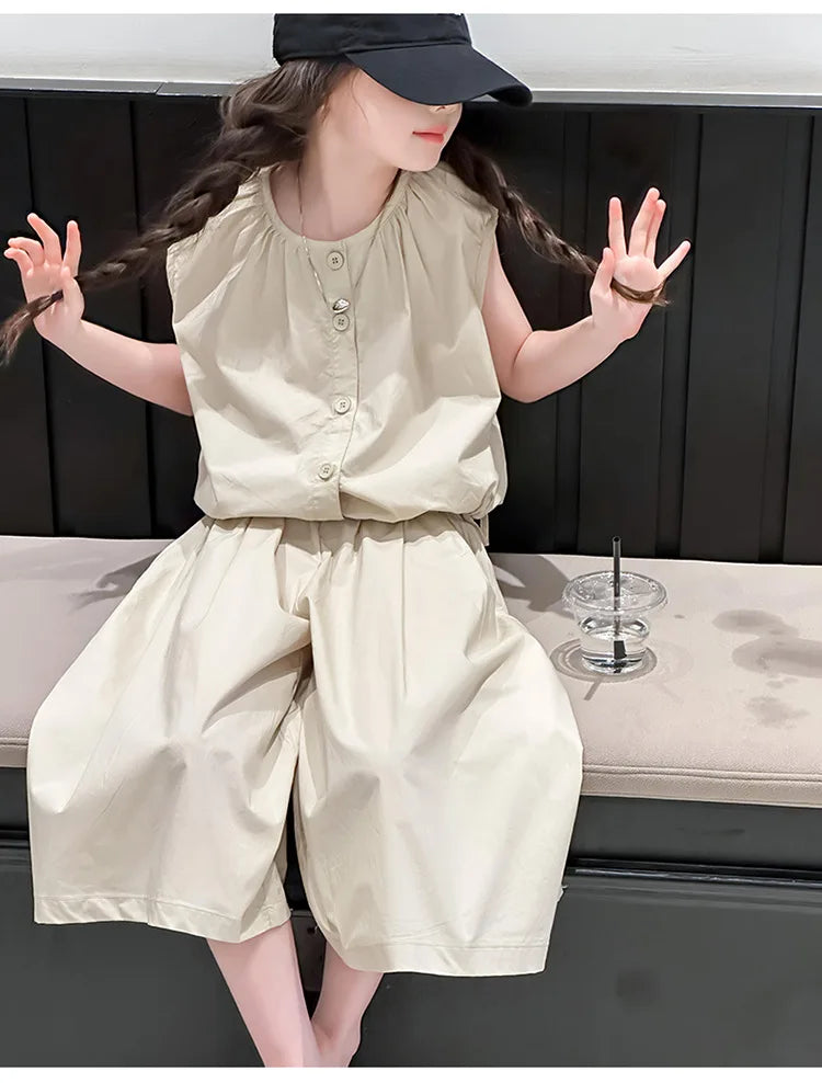 2025 Girls Summer Casual Outfit Big Kids Short Sleeve Top Capris Pants Two Piece Set Matching Big Kids Fashion Suit Holiday Wear