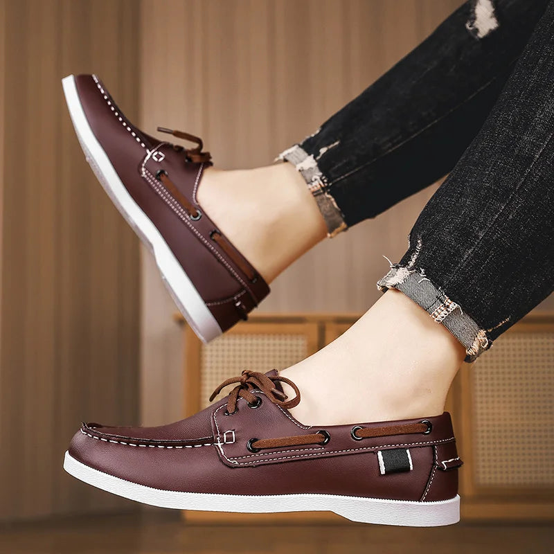Men Loafers Strap Design Boat Shoes PU Leather High Quality Comfortable Slip-On Soft Flat Driving Shoes For Male Plus Size 40-48