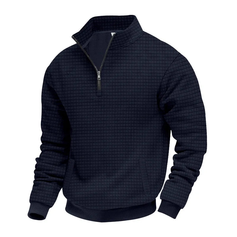 2025 Half-Zip Sweatshirt for Men, Autumn and Winter Jacquard Small Check Stand Collar Casual Pullover Fashion Men's Sweatshirt
