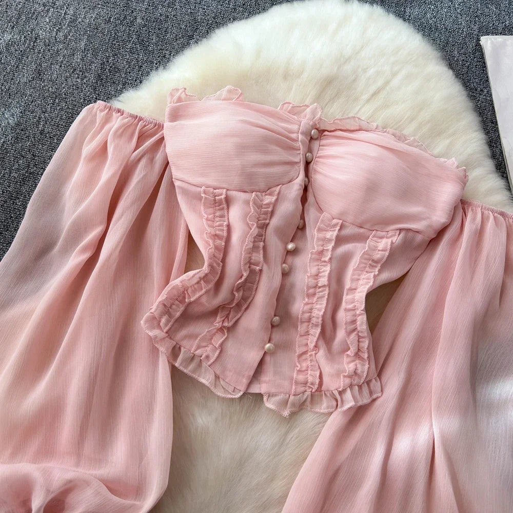 Chiffon Blouse for Women Slash Neck Off Shoulder Solid Color Camisas Ruffles Folds Backless Summer Blusas De Mujer Chic Dropship