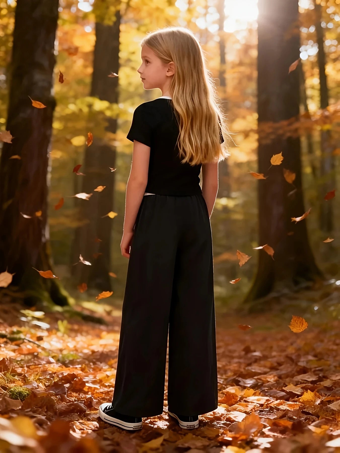 Kids Girls 2-Piece Casual Outfit, Square Neck White Bow Short Sleeve Crop Top & White Waistband Wide Leg Pants Set