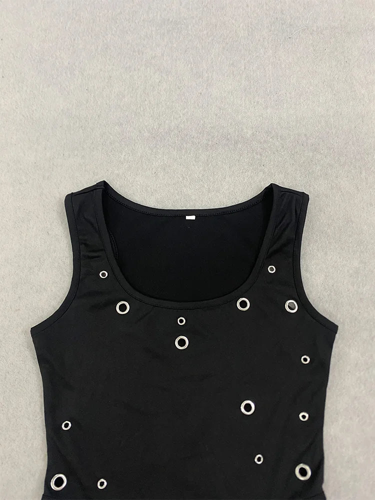 Summer Women's Sexy Spicy Girl Style Metal Eye Decoration Slim Fit Sleeveless Square Neck Vest Slim Fit Punk Jumpsuit Ins Style