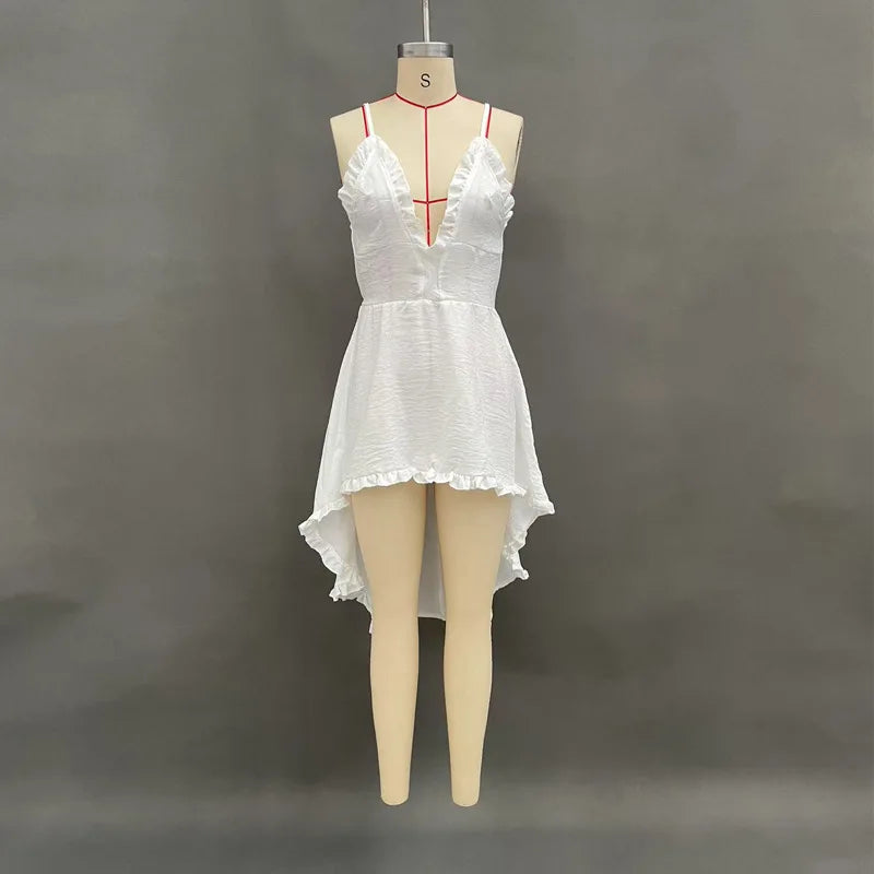 Sexy Style Summer Suspender Solid Color Dress Women's New Off-the-shoulder V-neck Beach Irregular Lace Casual Dress Commuting