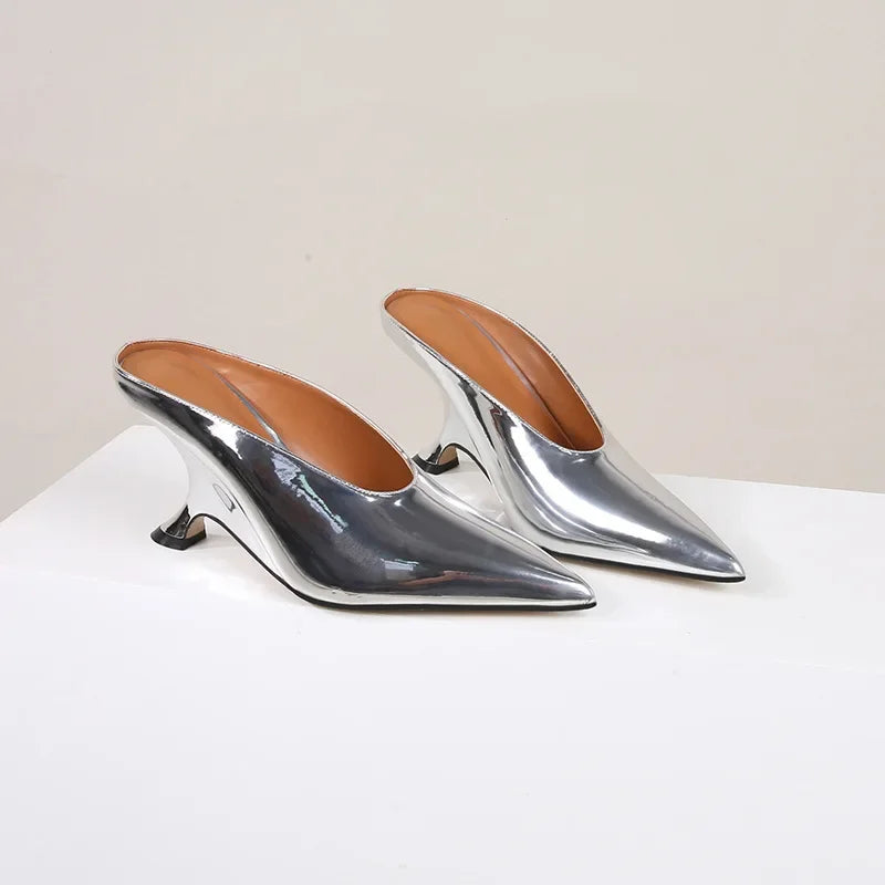 Pointed Toe Women Slippers Shoes Designer Shallow Wedges 9cm High Heels Banquet Mule Zapatos De Mujer
