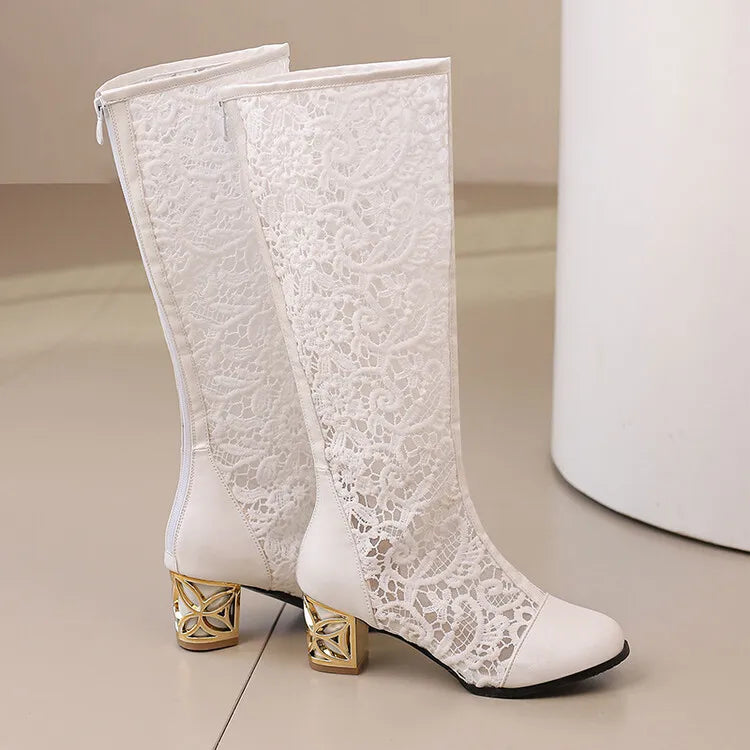 Vintage Hollow Embroider Mesh Surface Knee Length Women's Boot  5.5cm Thick Heel Fashion Women's Boot 34-47 Summer Cool Boots