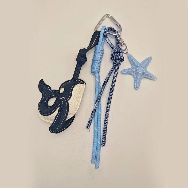 Exquisite Blue Whale Pendant Keychain,Cartoon Cute Starfish Whale Woven Rope Charm Car Bag Decoration Creative Gift