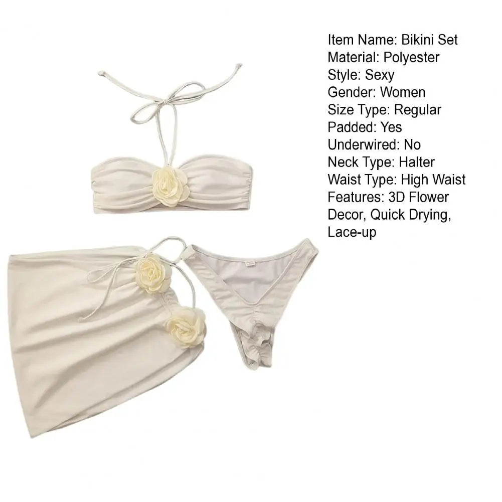 3Pcs/Set Women Summer Bikini Set 3D Rose Flower Decor Halter Bandeau Pleated Bra Swimming Trunks Overskirt Set Swimsuit 수영복 세트