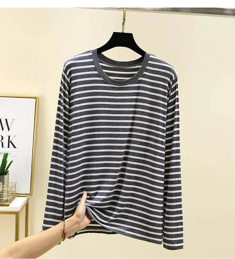 Spring Men Striped T-Shirt Loose and Versatile Sleepwear Round Neck Long Sleeved Top Casual Plus Size Simple Pajamas Homewear