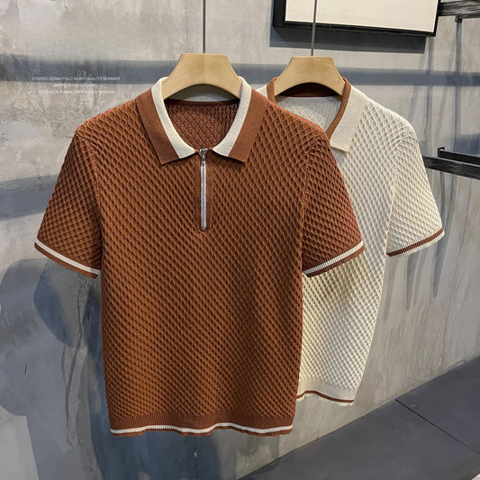 2026 Men's Casual V-Neck Knitted Jacquard Polo Shirt Solid Color Short Sleeve Solid Color Shirt Breathable Luxury Clothing B24