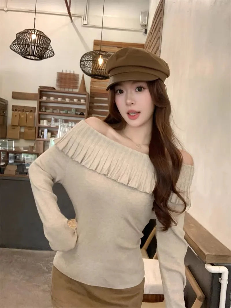 Women's Solid Color Slash Neck Ruffles Sweater Short Pullover Korean Fashion Chic Retro Style for Autumn Winter