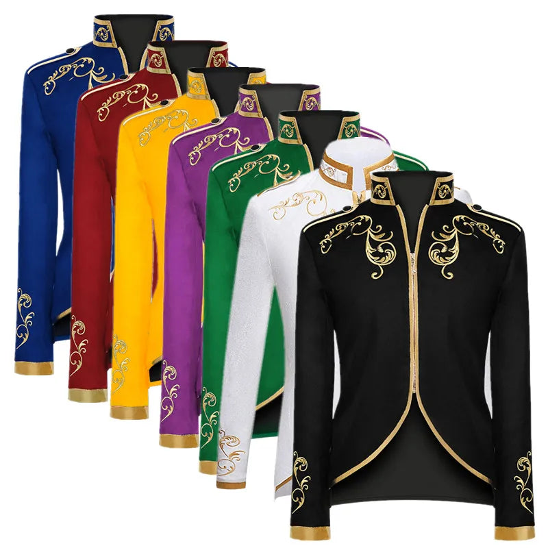 British Style Men Standing Collar Embroidered Suit Jacket Red / Blue Fashion Male Wedding Dance Party Patchwork Dress Coats