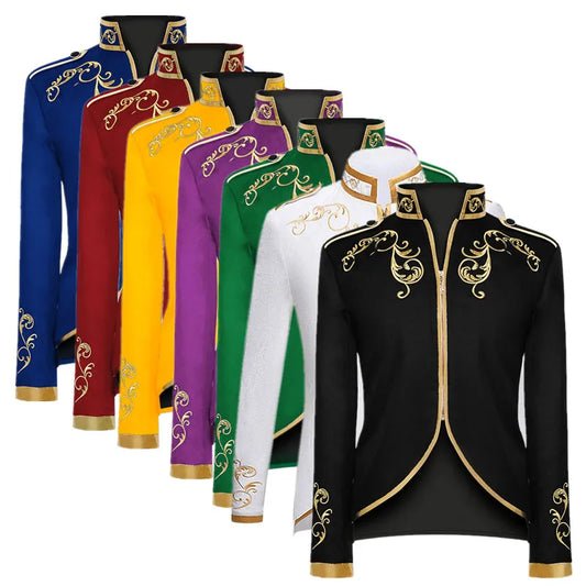 British Style Men Standing Collar Embroidered Suit Jacket Red / Blue Fashion Male Wedding Dance Party Patchwork Dress Coats