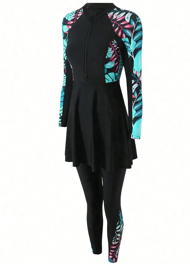 Burkini Femmes Swimwear Long Sleeve Black Tunic Swimsuit Full Leggings Front Zipper Swimming Suit Sun Protection Two Piece