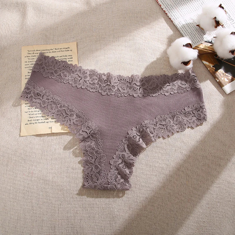 Lace Seamless Brazilian Panties Ribbed Cotton Low Waist Women's Panties Breathable Girls Underwear Plus Size Lingerie S-XL