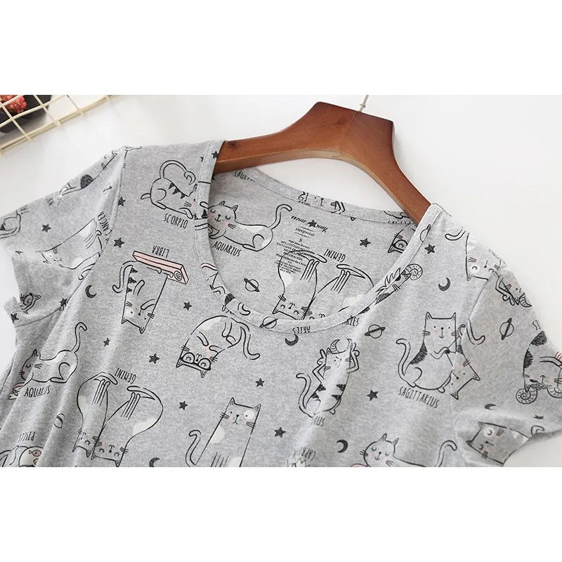 Summer Women Casual Cartoon Sleep Dress 100% Cotton Nightgown Plus Size Dresses Women Chemise de nuit Short Sleeve Home Dress