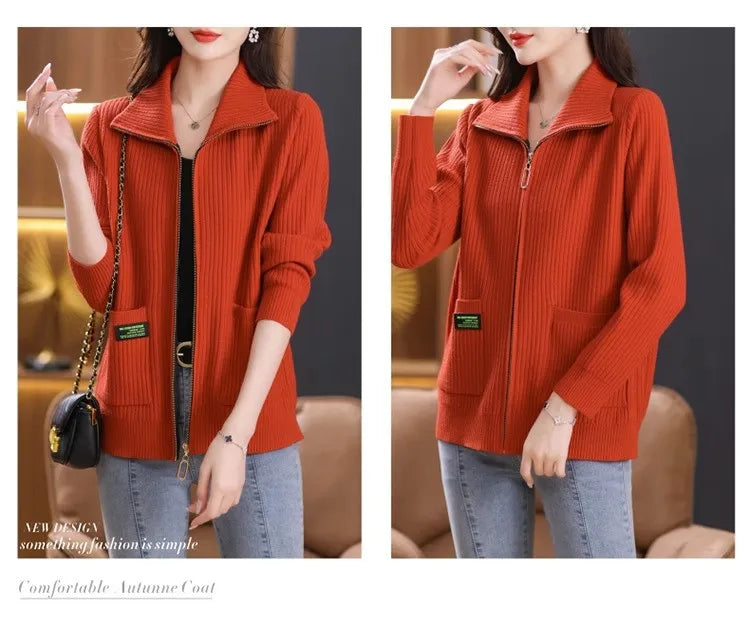 Knitted Cardigan Jacket Women Zipper Lapel Sweater Autumn Winter Outerwear