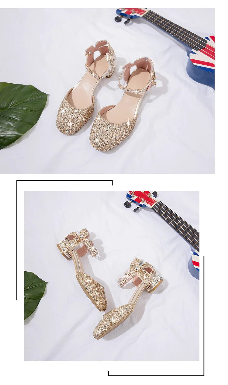 Princess Kids Leather Shoes Girls Sandal Sweet Pearl Casual Glitter Children High Heels Girls Party Dance Shoes Pink Gold Silver