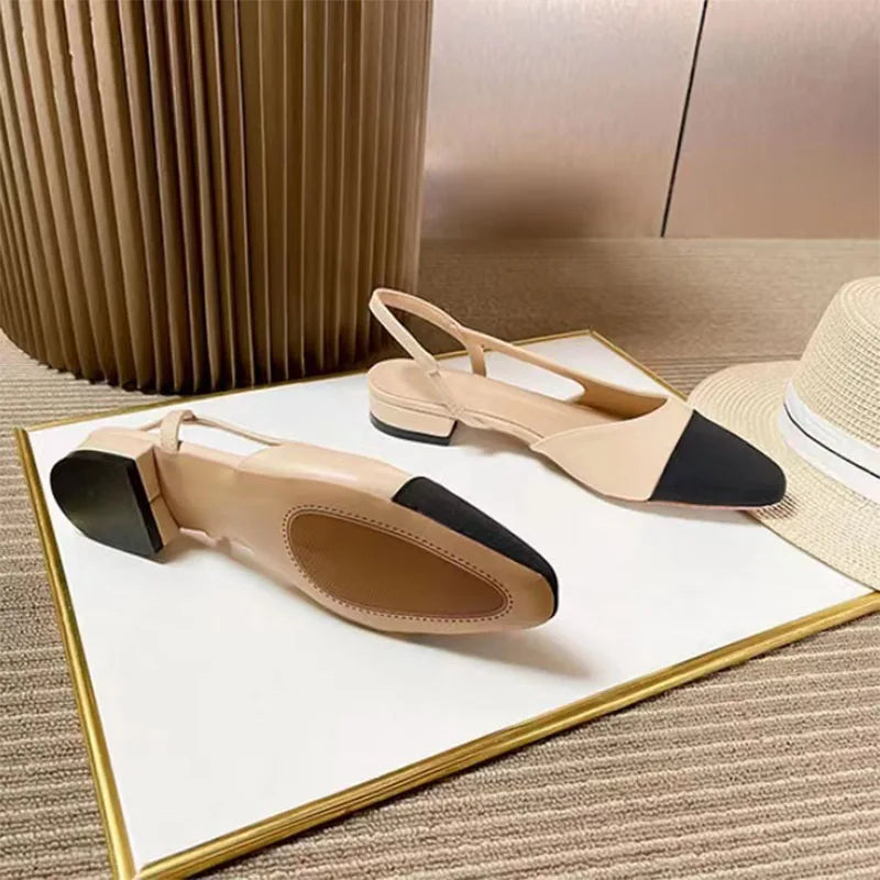 2023Spring Autumn Fashion High Heels Sandals Women's Dress Square Toe Slingback Shoes Women's Color Block Back With Flat Sandals