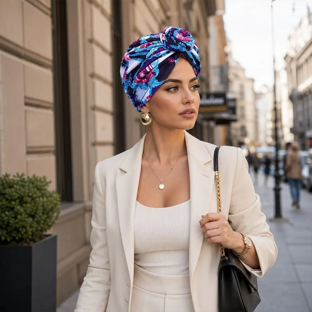 Fashion African Print Hijab Caps Pleated Wrap Twist Knot Turban Hat Elastic Knotted Style Floral Head Wrap All Match Decor