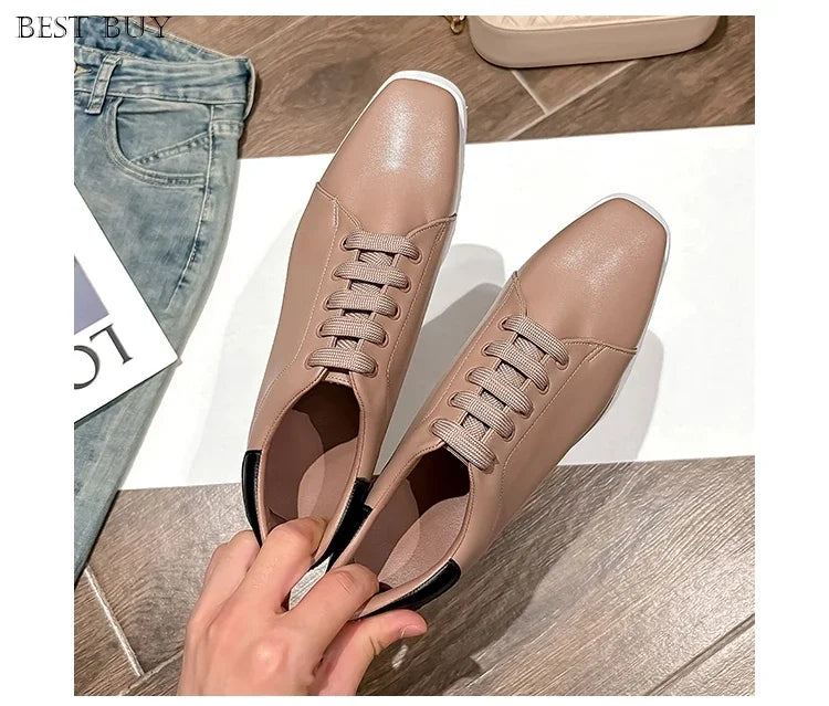 New beige Women Platform Casual Shoes 2024 Spring Black Casual Chunky Sneakers Women Real Leather White Height Increasing Shoes