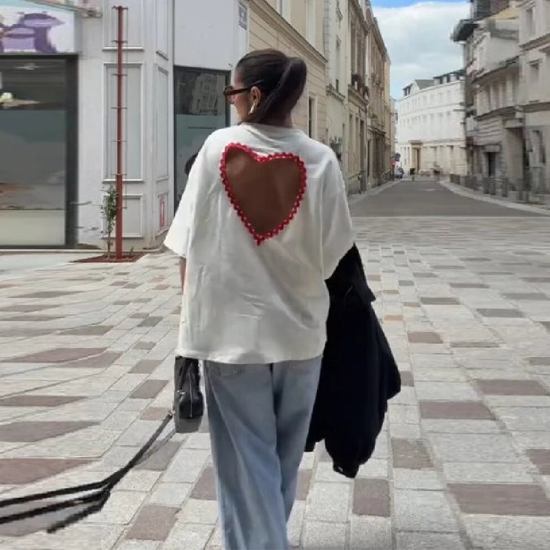 Y2k Style White Oversized T Shirt Women Fashion Backless Heart Cutout Red Trim Half Sleeve Tops Summer Casual Streetwear Outfits