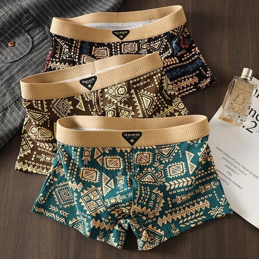 Men's Underwear Is Comfortable and Breathable, with a Trendy American Retro and Ethnic Style. It Is a Men's Mid Rise Shorts