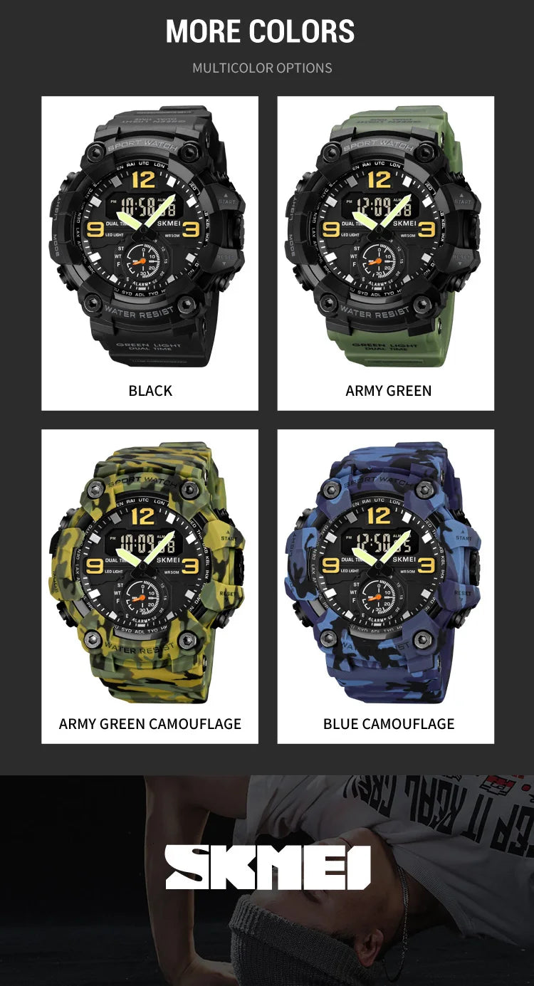 Skmei Men's Military Sport's Wristwatch Fashion Big Size Dial Quartz Analog Three Time Zone Male Led Waterproof Stop Watches