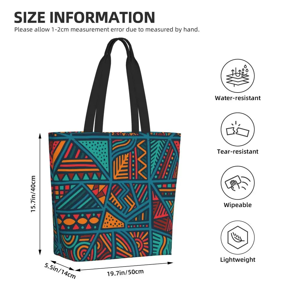 African Ankara Prints Grocery Shopping Tote Bags Women Geometric Ethnic Art Canvas Shoulder Shopper Bags Big Capacity Handbag