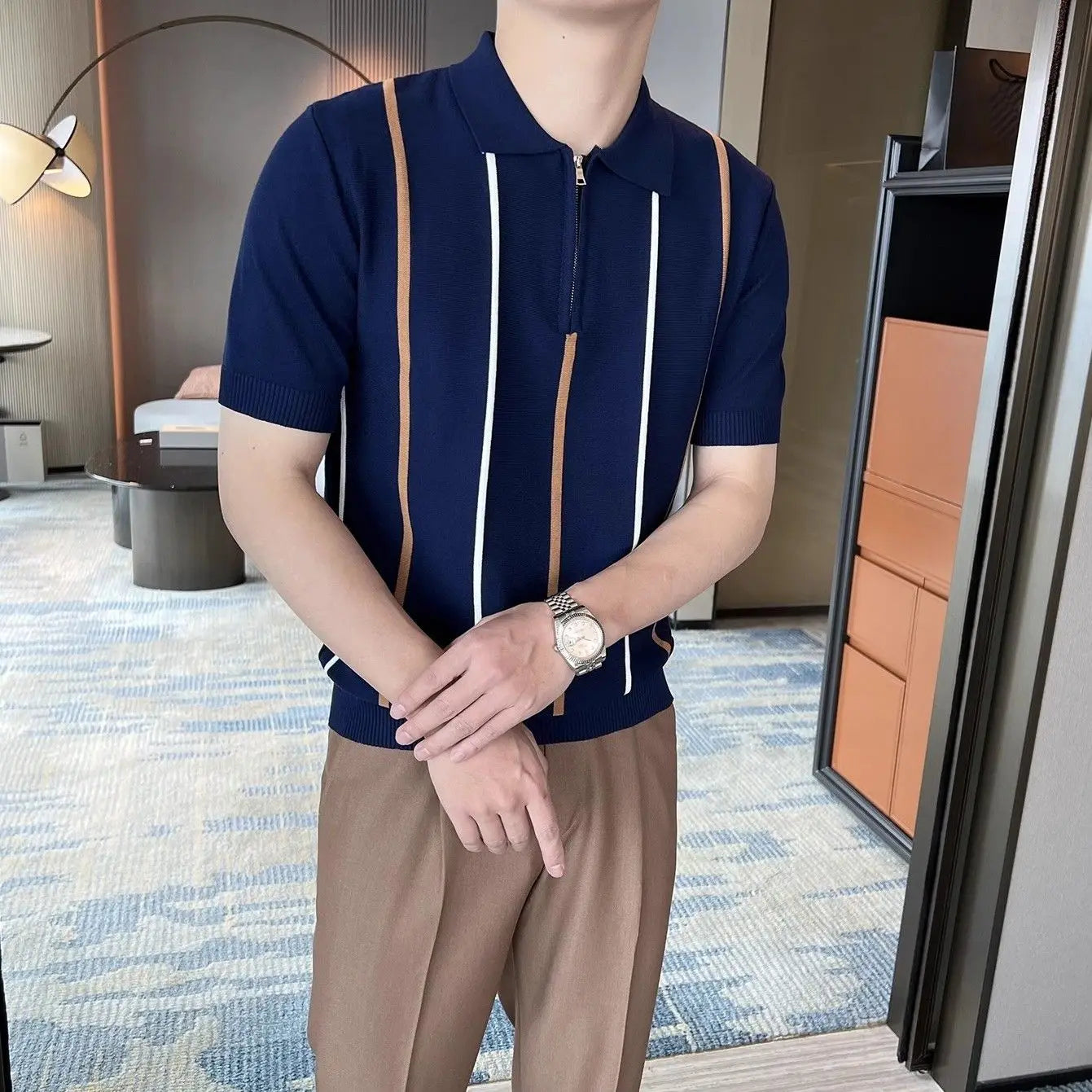 High-end Short-sleeved Men's British Retro Striped Slim Lapel Knitted Contrasting T-shirt 1/2 Pieces