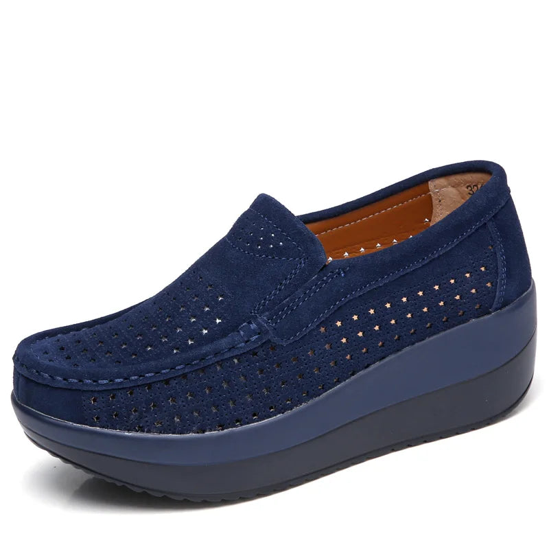 Women's Spring Autumn Genuine Leather Loafers - Fall Slip-On Round Toe Navy Platform Casual Flat Shoes
