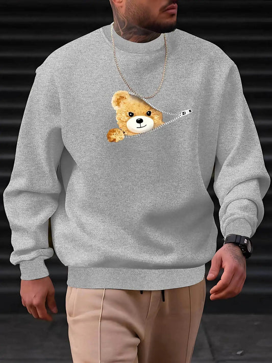 Men's autumn and winter fashionable casual loose and cute bear pattern printed long sleeved round neck sweatshirt
