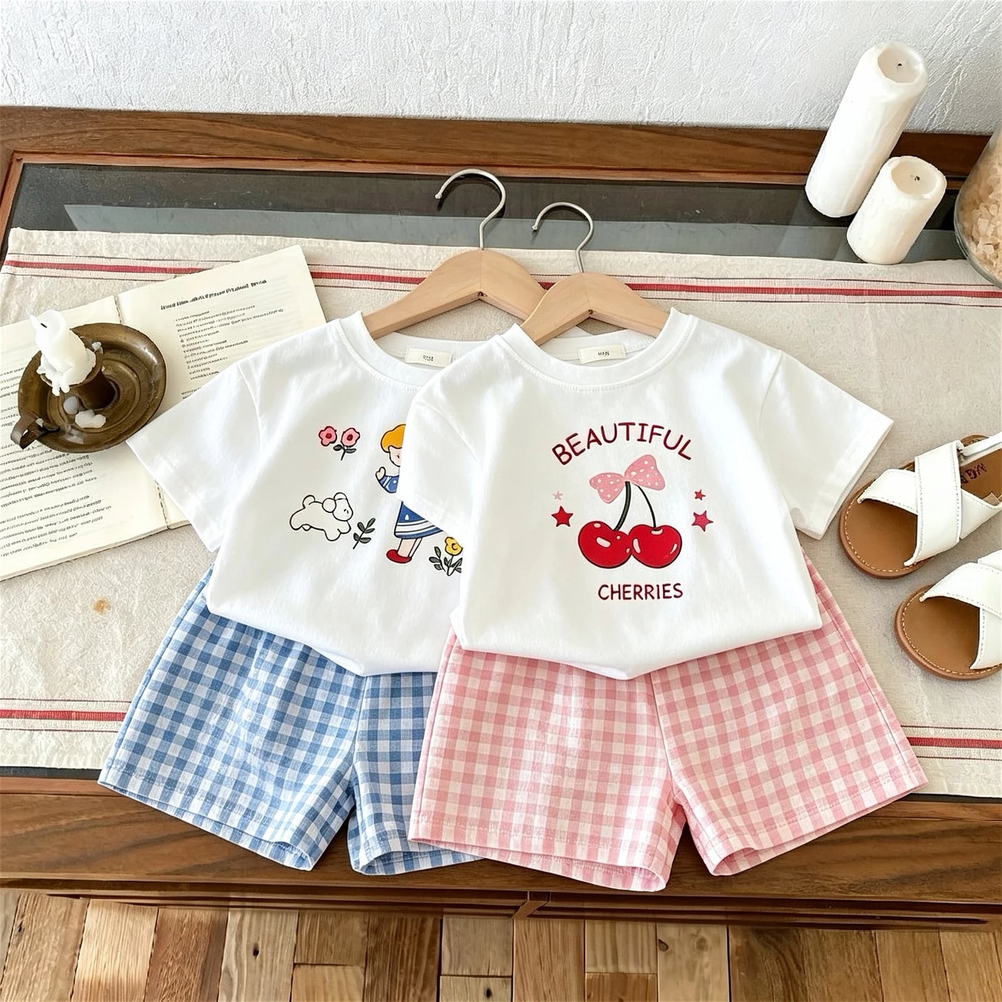 T-shirt + Plaid Shorts Outfits For Kids Summer Clothing Fashion Casual Short Sleeve Suit Children's Wear 2 Piece Set Girls Boys