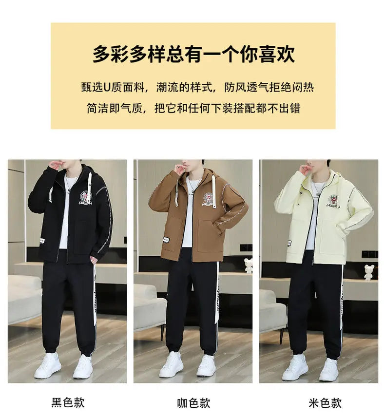 Hooded Jackets And Pants Two Piece Men's Sets 2026 Spring Autumn Youth Streetwear Tracksuits Outdoor Top Coats & Jogger Clothing