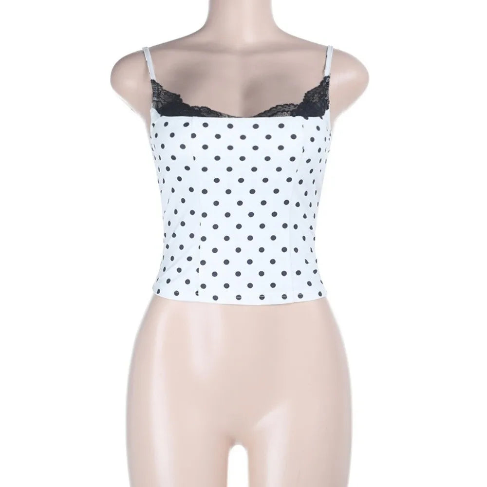 New Lace Splicing Lace Camisole Top Polka Dot Sleeveless Design Polka Dot Top Trendy Slim Fit Top Y2K Fashion