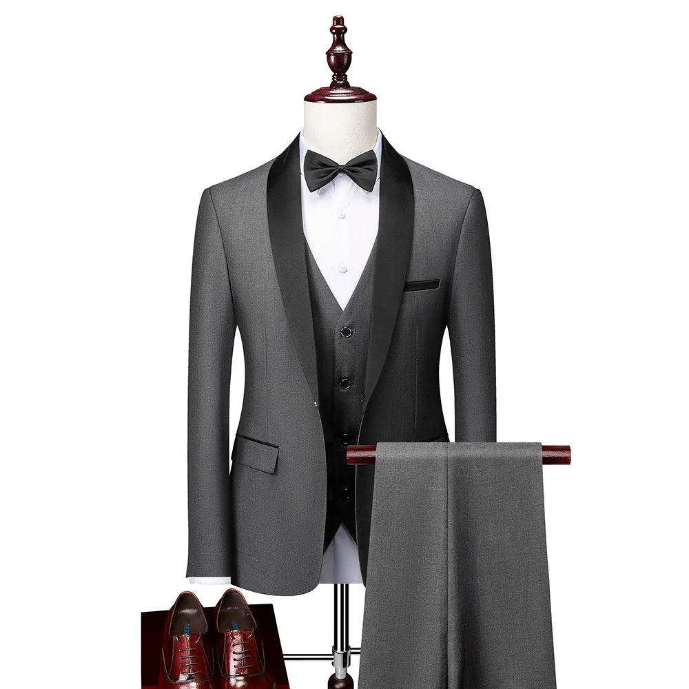 Men's Lapel Black Suit Set Coat Vest Trousers / Business Groomsmen Groom Wedding Dress Fprmal Blazer Pants