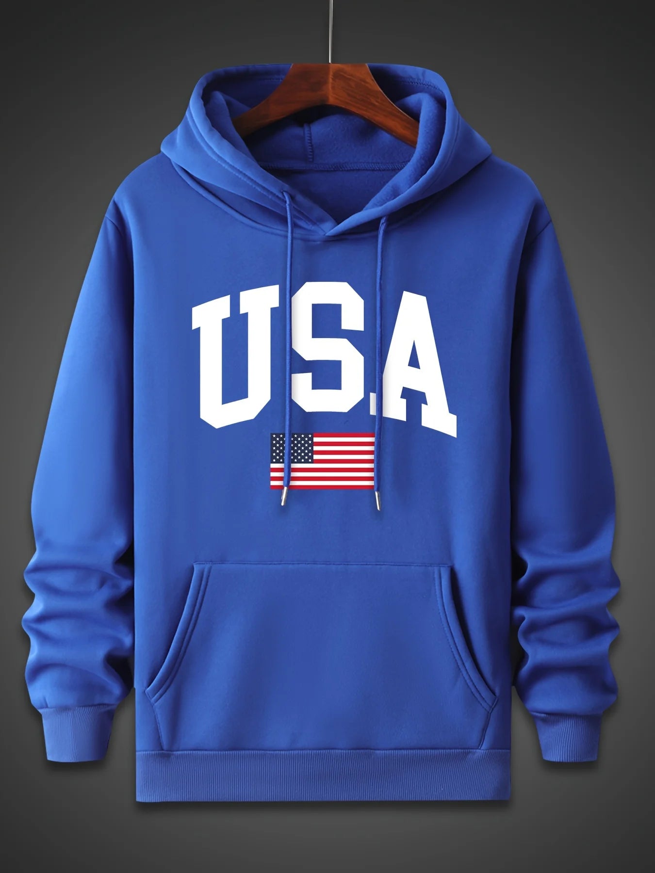 Men's autumn and winter fashionable casual loose oversized USA flag print fleece pullover hooded long sleeved sweatshirt