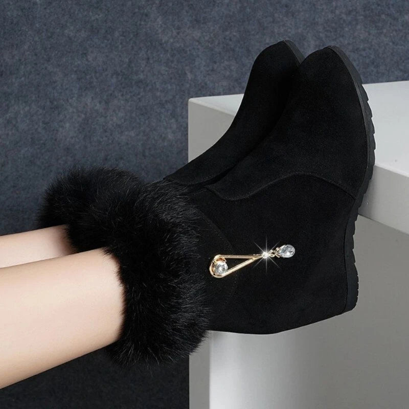 Winter Women's Wedge Ankle Boots Lncrease Height Women Pumps Metal Rhinestone Platform Shoes Plush Women Boots Comfortable Botas