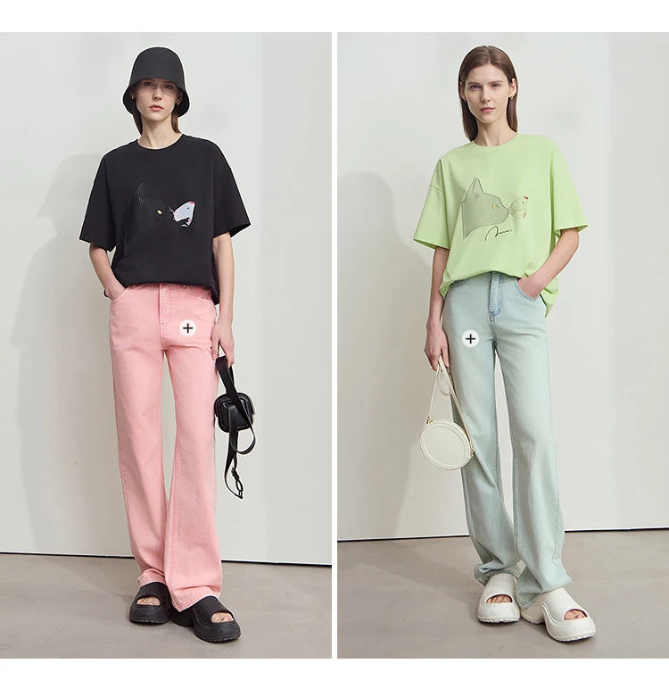 AMII Summer Casual T-shirt for Women 2025 Print Round Neck Short Sleeve Shirts Lady Fashion New Loose Clothes Woman 12522007